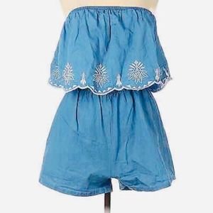 Japna Blue Boho Embroidered Strapless Romper NWT Small